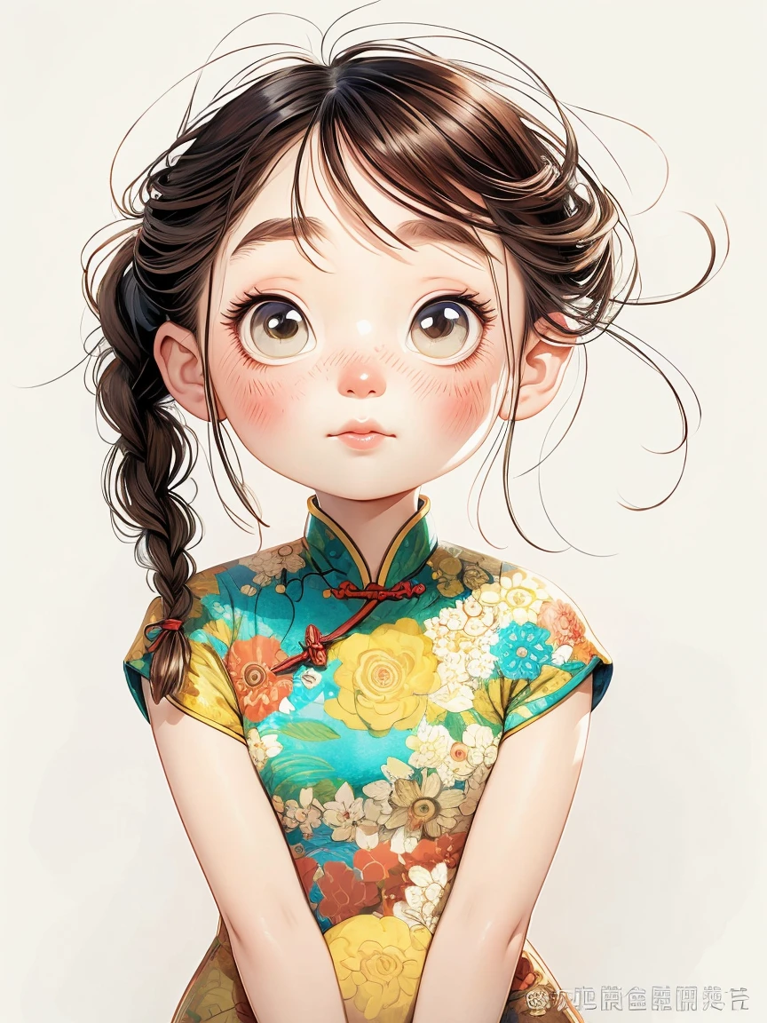 (masterpiece, best quality:1.2), watercolor,cartoonish character design。1 girl, Solitary,big eyes,Cute expression,Two braids,cheongsam,portrait,interesting,interesting,Clear lines,Leave blank,