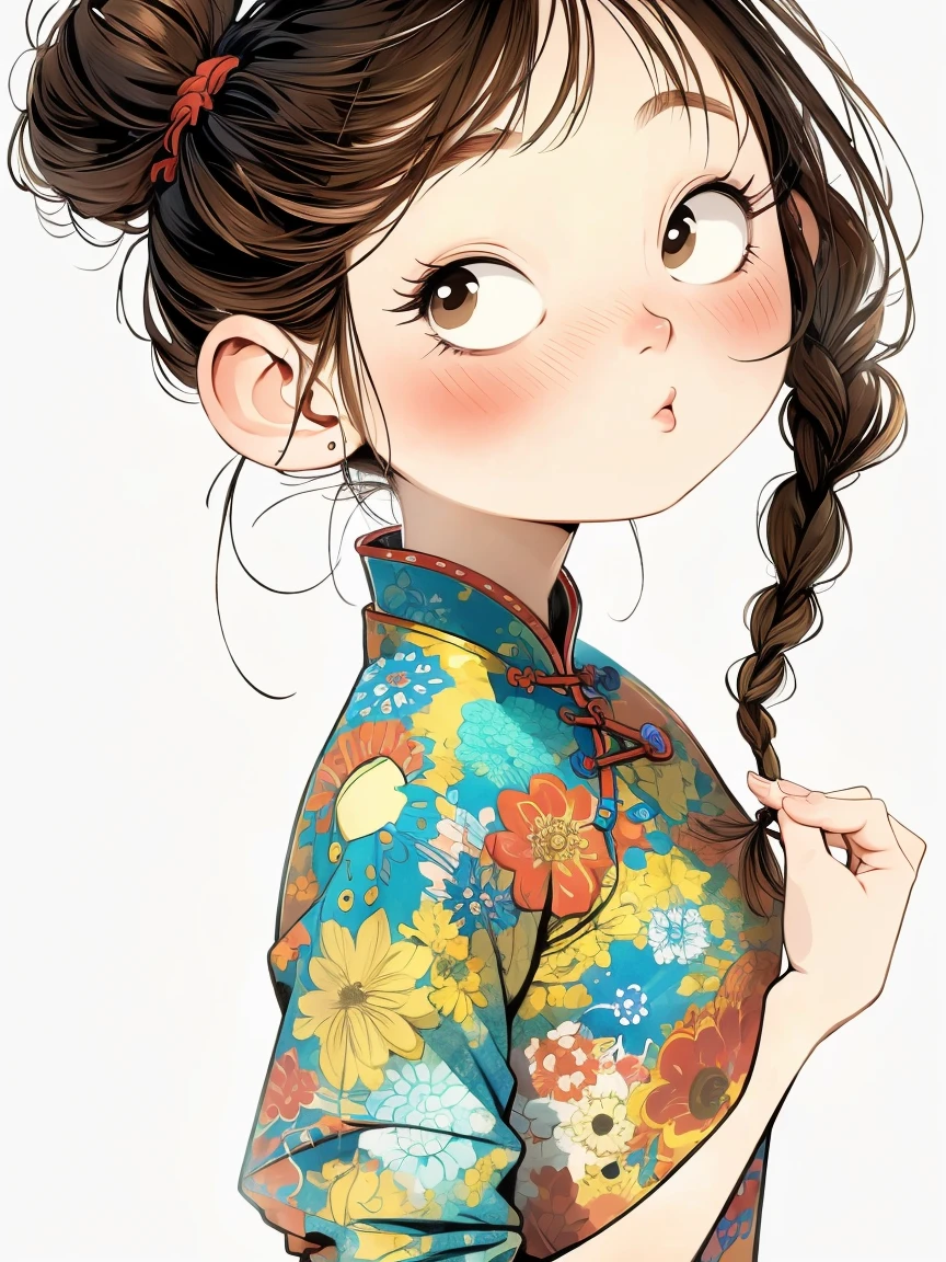 (masterpiece, best quality:1.2), watercolor,cartoonish character design。1 girl, Solitary,big eyes,Cute expression,Two braids,cheongsam,portrait,interesting,interesting,Clear lines,Leave blank,