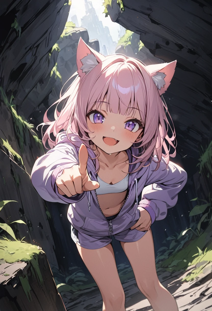 ((Masterpiece)), ((best quality)), (Anime:1.3), (super detail:1.2),(High Definition:1.3), (Professional Photography:1.2), (wide shot), (sharp focus), (perfect light), ((12 years old)), ((1girl)), (morning), messy medium hair, Beautiful collarbone, (cute hoodie with zipper), cleavage, cute boxer shorts, (Healthy slim body), (loose blunt bangs), Slender body, glossy skin, (naughty smile), open mouth, ((Beautiful purple eyes)), Textured skin, (Cat ears), (Pale pink hair), Cute Beautiful Girl, (slightly exposed small chest), BREAK, ((best quality)), ((1girl)), Dynamic angles, ((pointing forward with hand)), (in the Mossy abandoned cliff), (sharp focus), perfect hands, (perfect light),