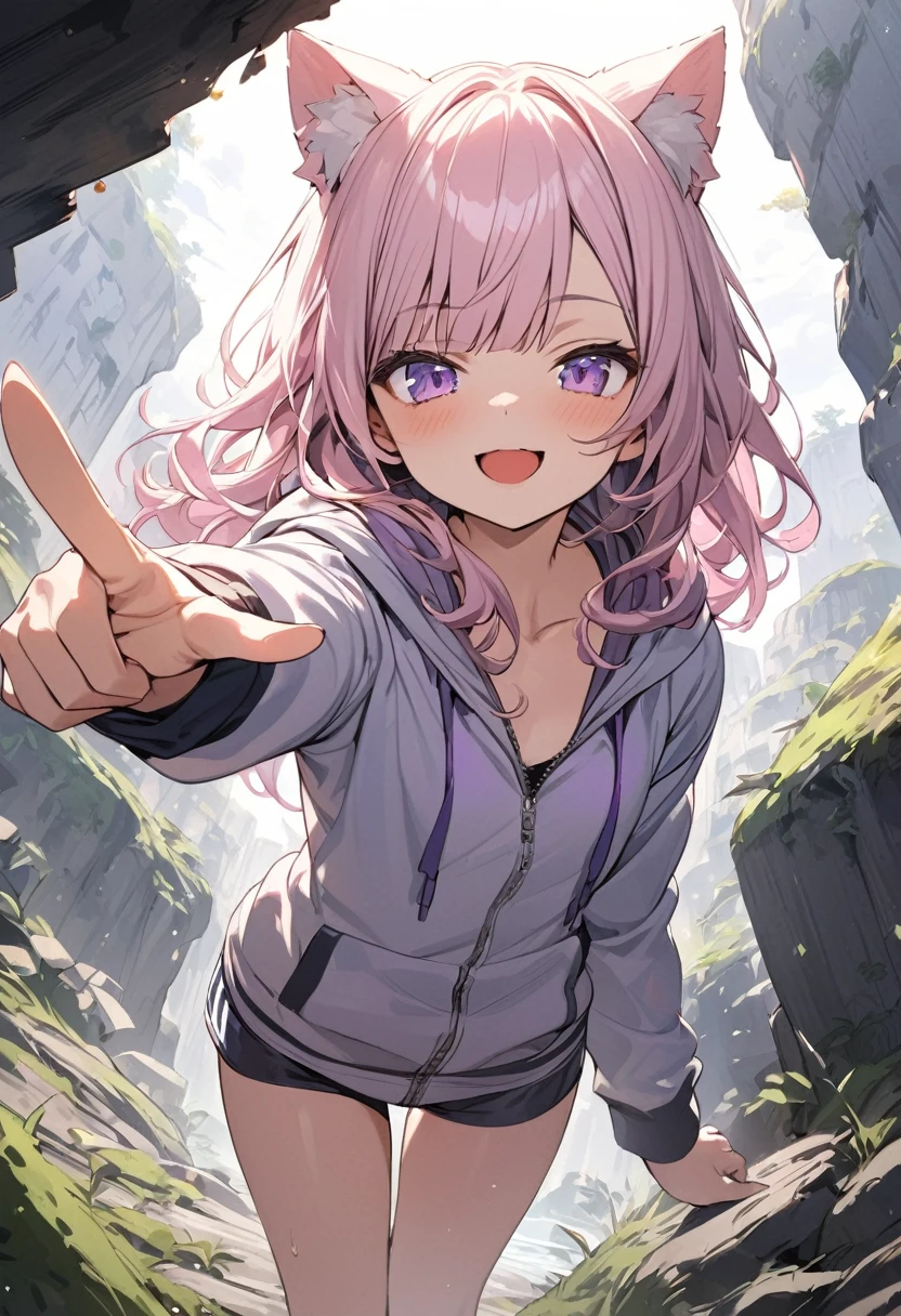 ((Masterpiece)), ((best quality)), (Anime:1.3), (super detail:1.2),(High Definition:1.3), (Professional Photography:1.2), (wide shot), (sharp focus), (perfect light), ((12 years old)), ((1girl)), (morning), messy medium hair, Beautiful collarbone, (cute hoodie with zipper), cleavage, cute boxer shorts, (Healthy slim body), (loose blunt bangs), Slender body, glossy skin, (naughty smile), open mouth, ((Beautiful purple eyes)), Textured skin, (Cat ears), (Pale pink hair), Cute Beautiful Girl, (slightly exposed small chest), BREAK, ((best quality)), ((1girl)), Dynamic angles, ((pointing forward with hand)), (in the Mossy abandoned cliff), (sharp focus), perfect hands, (perfect light),