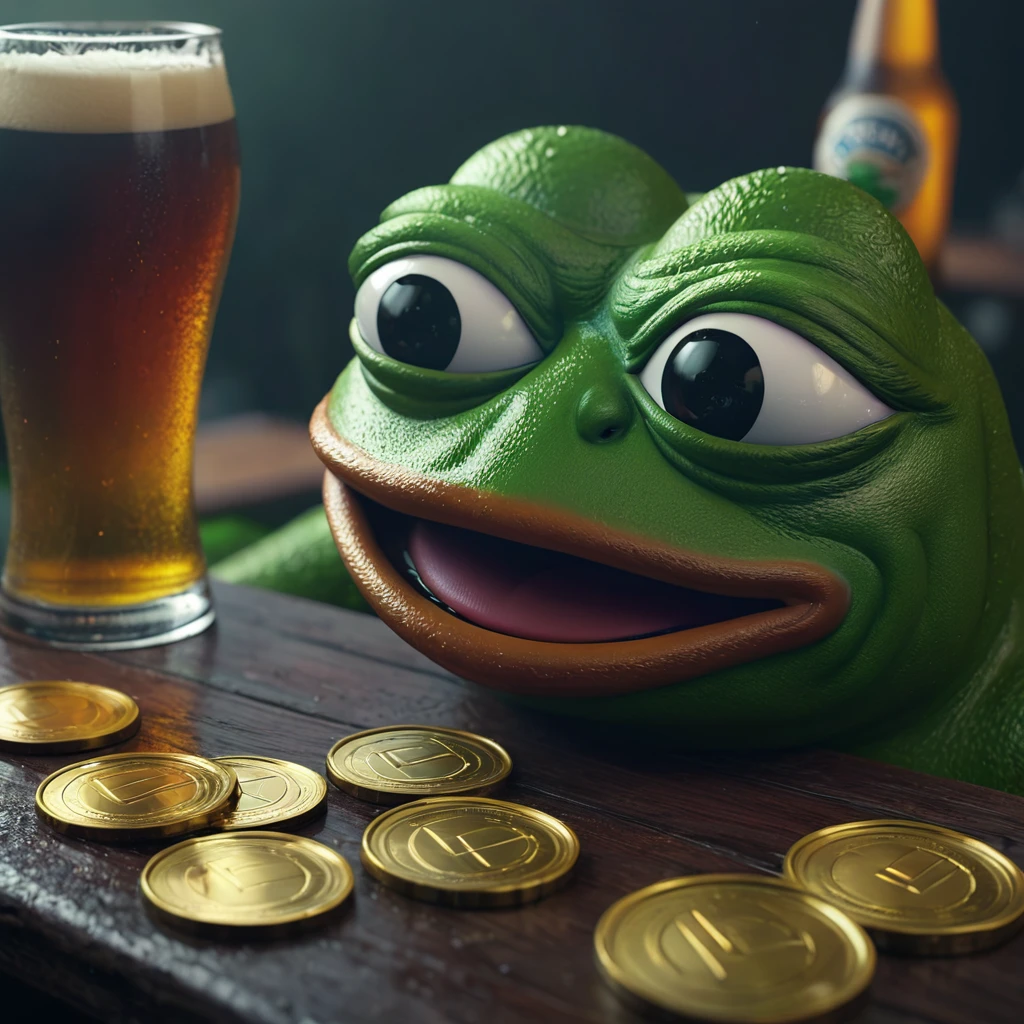 pepe the frog, beer coin, downtrend, digital art, 3d render, hyperrealistic, highly detailed, 8k, octane render, cinematic lighting, moody atmosphere, dramatic composition, vibrant colors, gloomy, dystopian, surreal, digital painting