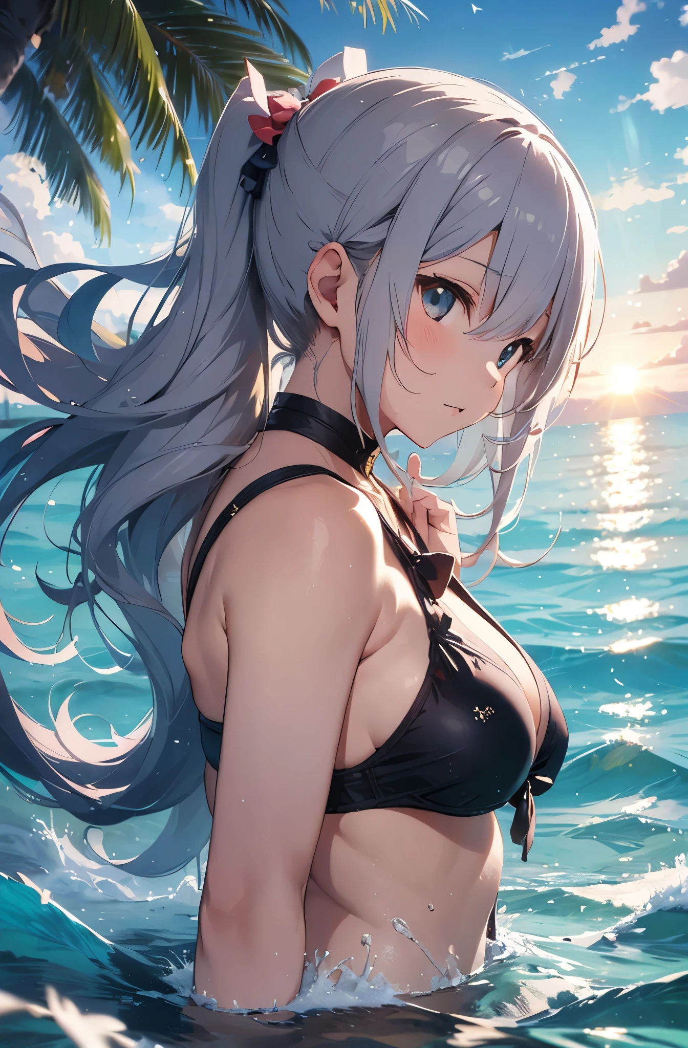 Silver-haired girl drawn in high resolution Japanese anime style、Standing alone on the white sand beach of a deserted island。She is wearing a gorgeous pink bikini.、Her hair is in a ponytail that sparkles in the light...。The sea in the background shines emerald green...、The beach is littered with shells and pebbles.、time々、Small waves gently wash up on the shore。Tropical wood々Swaying in the Wind、Mr...々Among the branches々Birds are singing..。wood々Colorful flowers blooming in abundance、The entire island is filled with abundant nature...。On the horizon of a distant sea、The setting sun casts a beautiful orange glow over the ocean.、It gives the whole place a mystical feel...。、Wakame seaweed、Wakame seaweed、Wakame seaweed、Wakame seaweed、Wakame seaweed、Wakame seaweed、