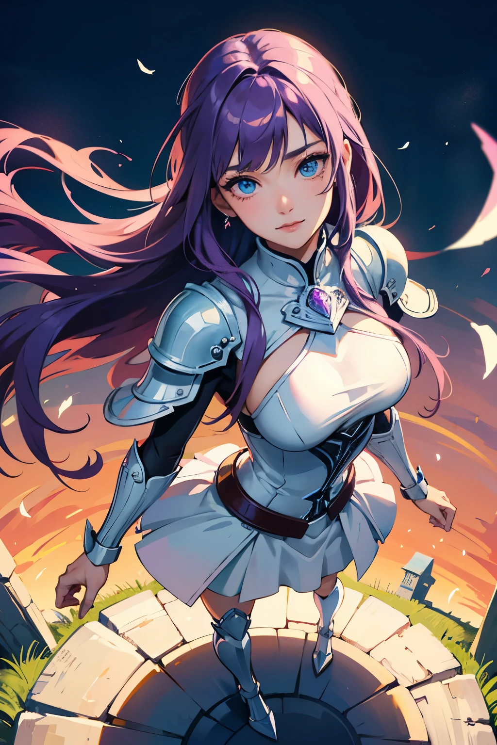 masterpiece, best quality, ultra-detailed, sexy, ero, full body, in the middle, look down from above, castle, morning, spring, a pretty woman, solo, warrior, beautiful purple hair, beautiful light blue eyes, beautiful eyes, white-skinned, long hair, large breast, light smile,entire body,standing,Pink knight's armor,powerful,cool