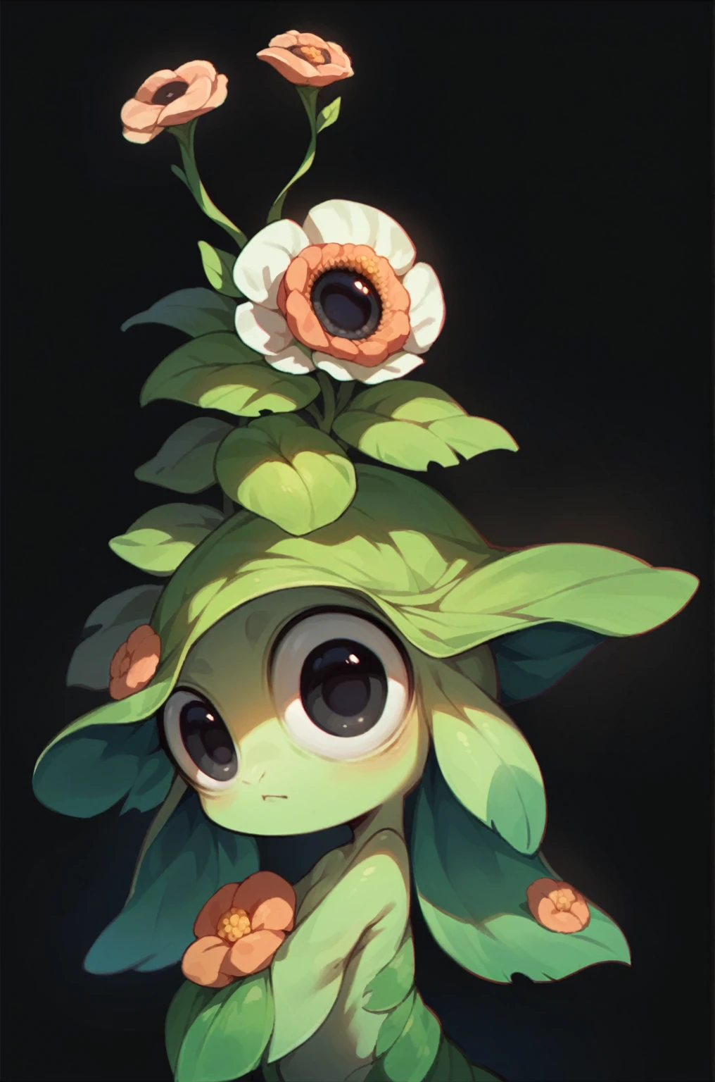 Cute flower monster, Cestrum nocturnum in her head, big eyes, full black eyes
