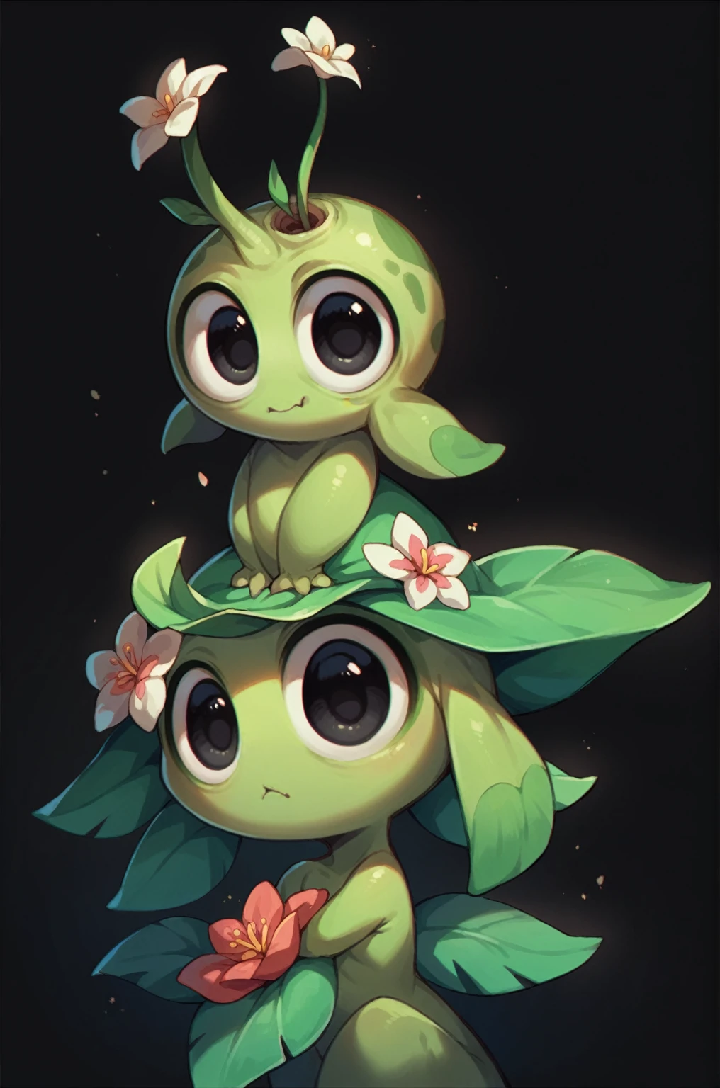 Cute flower monster, Cestrum nocturnum in her head, big eyes, full black eyes
