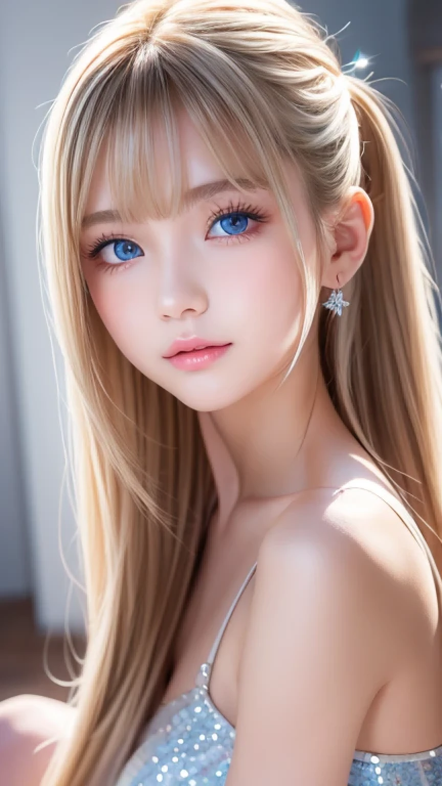 Portrait、、Bright expression、ponytail、Young, lustrous, glowing, white skin、Cheek highlight、The best beauty、Clear, silky blonde hair with dazzling highlights、Shiny bright hair,、Super long silky straight hair、Shiny beautiful bangs、Big bright blue eyes like sparkling jewels、Very beautiful lovely cute girl、Ample Bust