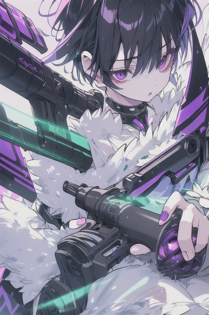 detailed、Slit eyes、Beautiful eyelashes、Purple Eyes、short hair、Green Hair、Upper Body、8K.I have a gun、girl、cyber-clothes、Brave face、Vibrant colors、Strong color scheme、Background Black、Fluffy short bob、No cut-off、Vivid Color