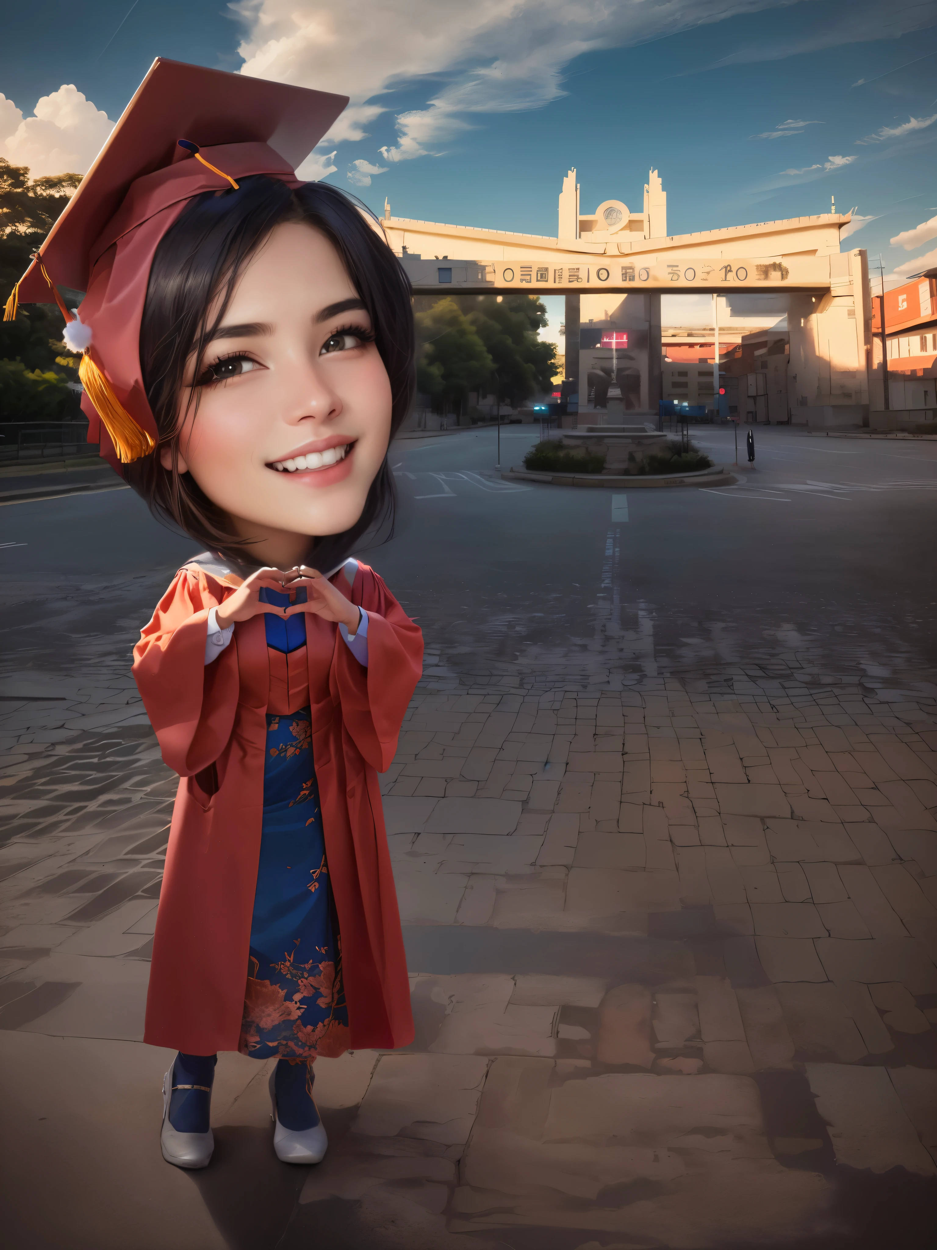 arafed woman in graduation gown and cap with a graduation cap on her head, Beautiful sky and clouds, chibi, graduation photo, profesional photo, post graduate, wearing an academic gown, potrait, profesional photography, student, photoshot, by Abidin Dino, full protrait, in cartoon style, realism artstyle, protrait, photography photorealistic, professional foto