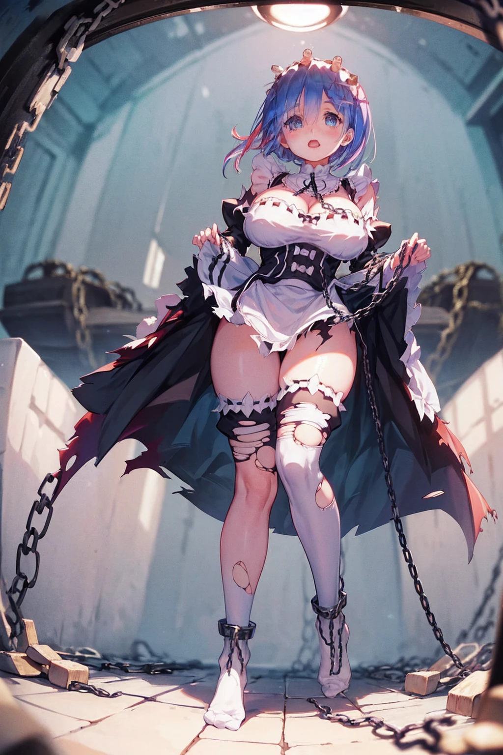 、Plump、Show your pants、Fighting Pose、Weapons Morningstar、((Underground Prison))、((The floor beneath my feet is crumbling))、((((Rem in chains)))),(((((Fisheye Lens)))))、((((Super huge ))))、(((Plump thighs)))、(((Rem from Re:Zero)))、looking at the camera、High qualityHigh quality、8ｋ、(((((Full body description)))))、Chest、Fantastic、(((((Torn maid uniform)))))、looking at the cameraで、barefoot、((((((Tall Rem))))))、Sweat splashes、Clothes are ripped off,(Torn knee-high socks)、