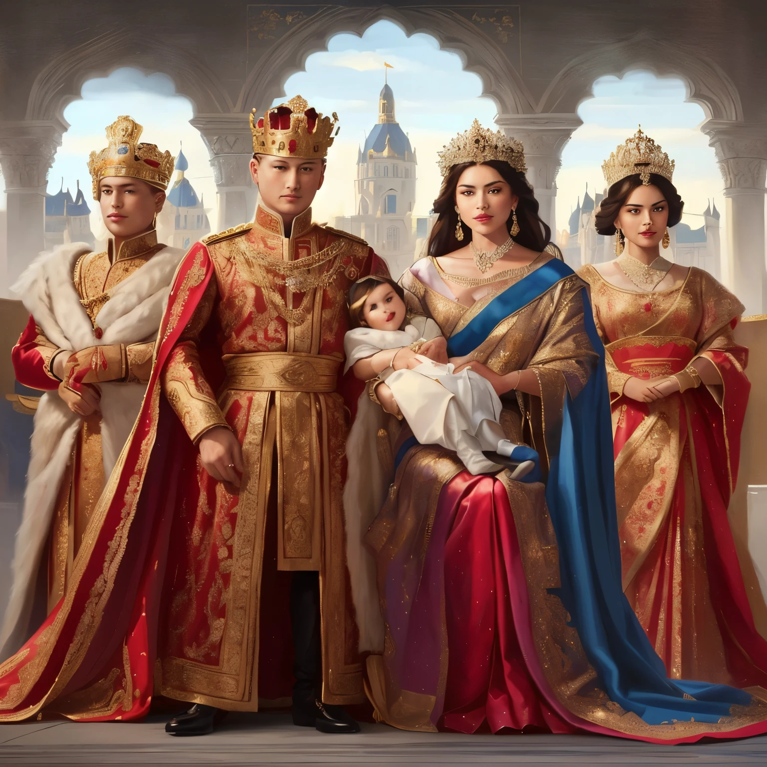 a painting of a family dressed in regal regal regal regal regal regal regal regal regal regal regal regal regal regal regal regal regal regal regal regal regal regal regal regal regal, royal portrait painting, royal portrait, royal painting, imperial royal elegant clothing, royal attire, royal family during an argument, majesty in noble clothes, royalty kingdom, monarchy, royality