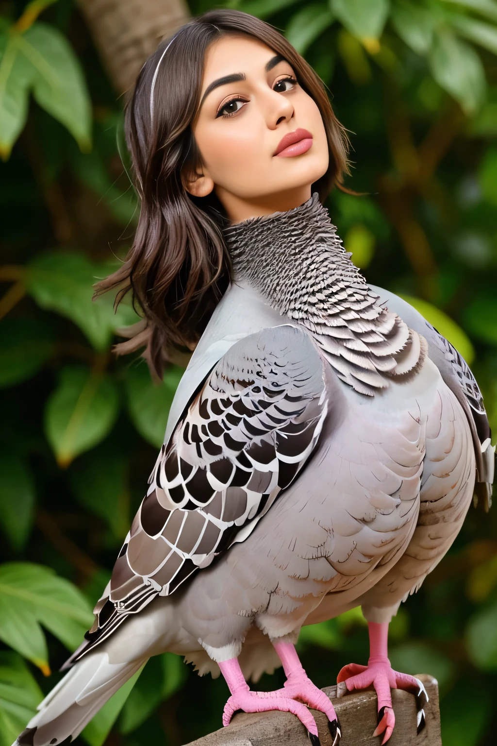 Hansika Motwani is a pigeon bird, She is a bird but her head looks like girl, from neck to full body looks like pigeon bird. Pigeon legs, pigeon wings. Bird body, pigeon body, perfect picture, perfect bird, real bird, Real head replace with real pigeon head. Exact Bird .