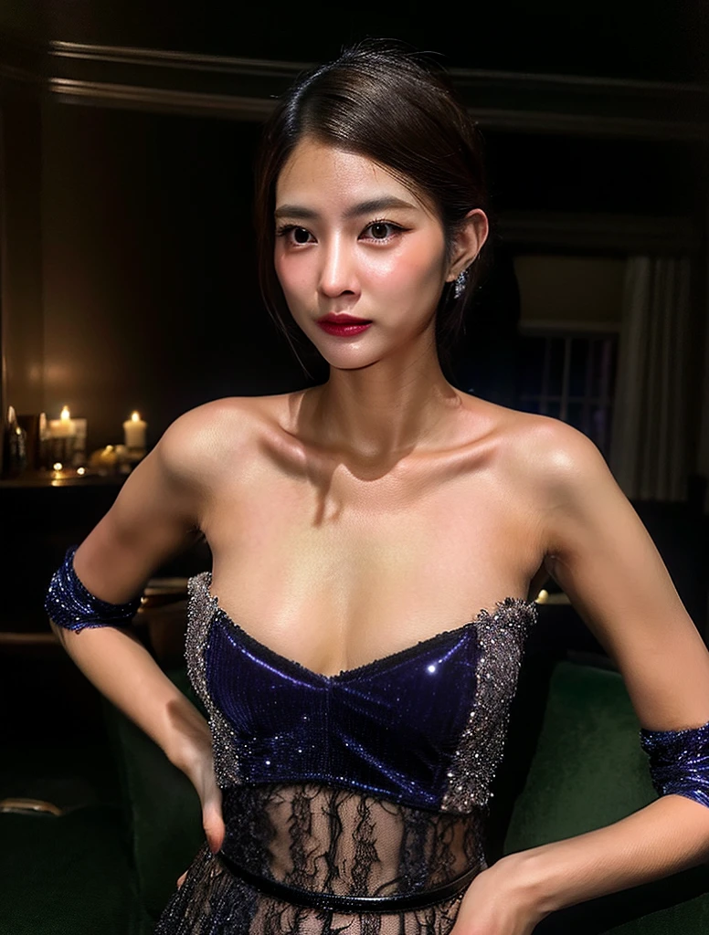 Hyper realistic super detailed sexy Asian, nude, naked, big breasts, nipples. expressions faciales sexy, seductive facial expressions, [:(Face detail: 1.4): 0.4], 16K resolution, 4k resolution, (Ventre plat parfait), (image couleur), BREAK I. Outfit: Elegant, enchanting, long and fitted dress, plunging back, deep neckline, long lace sleeves, belt adorned with mystical symbols, high-heeled boots, black and silver jewelry. II. Venue: Gothic castle, dark and mysterious atmosphere, dim lighting with chandeliers, library full of old grimoires, mirrors framed with magical motifs, incense-scented candles, mystical mist floating in the air. III. Decoration: Gothic ambiance, dim lighting with violet and blue lights, refined furniture with touches of black and silver, black velvet drapes, mirrors adorned with witchcraft motifs, lavender-scented candles, BREAK, looking at viewer, masterpiece, best quality, highly detailed, desire, blush, (Beautiful and detailed eyes description), (beautiful and detailed face), Perfect female body, (Best Quality), (ultra-detailliert), (masuter piece), (hight resolution), (Original), (the Extremely Detailed CG Unity 8K Wallpapers). 