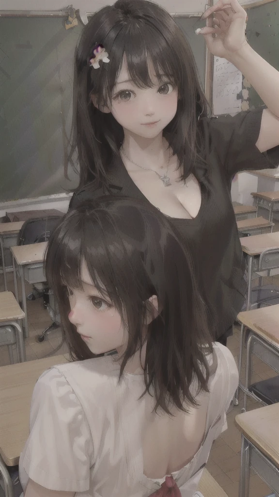 (Highly detailed CG Unity 8k wallpaper)、(masterpiece)、(Highest quality)、(Super detailed)、(Best illustrations)、(Best Shadow)、Ultra-high resolution、(Real、Photorealistic:1.2)、(Beautiful student teacher:1.4)、(Facing forward:1.2)、Dark brown long hair、(Large Breasts:1.2)、(School classroom:1.4)、(Clothing of office workers:1.4)、(Cute Necklace:1.2)、Puffy eyes、(Stand at the podium with the blackboard behind you:1.2)、(Close-up)、High contrast light、Upper Body