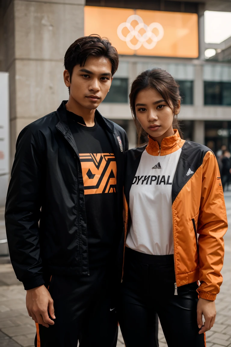 Malay girl and man, Olympic wear set, smart orange and black Olympic wear , super cool designs outfit , long pants , jacket , aesthetic outfits design , black line design on orange color shirt and black color pants