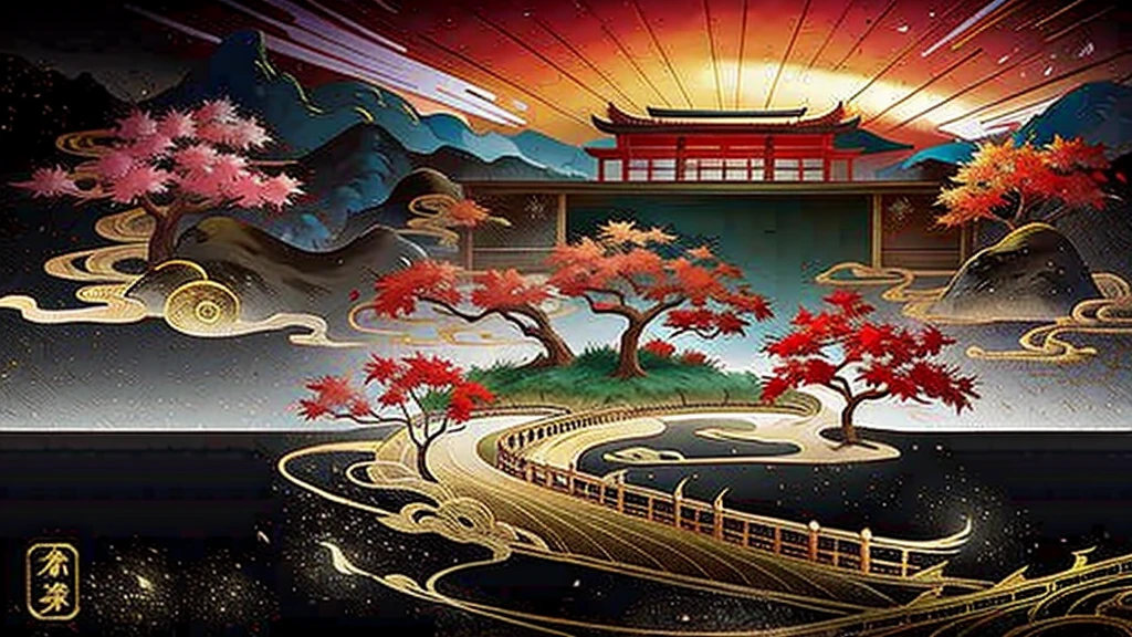 Ancient Japan paintings, Ancient Japanese Background, Mountain々, Rivers, Auspicious clouds, Pavilion, sunlight, masterpiece, Super detailed, A magnificent composition, Ultra HD, high quality, Very detailed, Official Art, Unified 8k wallpaper, Super detailed, 32k -- V 6