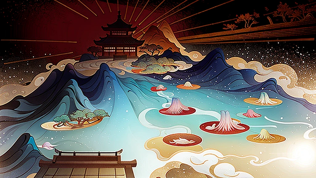 Ancient Japan paintings, Ancient Japanese Background, Mountain々, Rivers, Auspicious clouds, Pavilion, sunlight, masterpiece, Super detailed, A magnificent composition, Ultra HD, high quality, Very detailed, Official Art, Unified 8k wallpaper, Super detailed, 32k -- V 6
