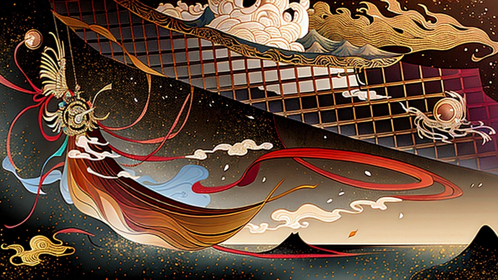 Ancient Japan paintings, Ancient Japanese Background, Mountain々, Rivers, Auspicious clouds, Pavilion, sunlight, masterpiece, Super detailed, A magnificent composition, Ultra HD, high quality, Very detailed, Official Art, Unified 8k wallpaper, Super detailed, 32k -- V 6