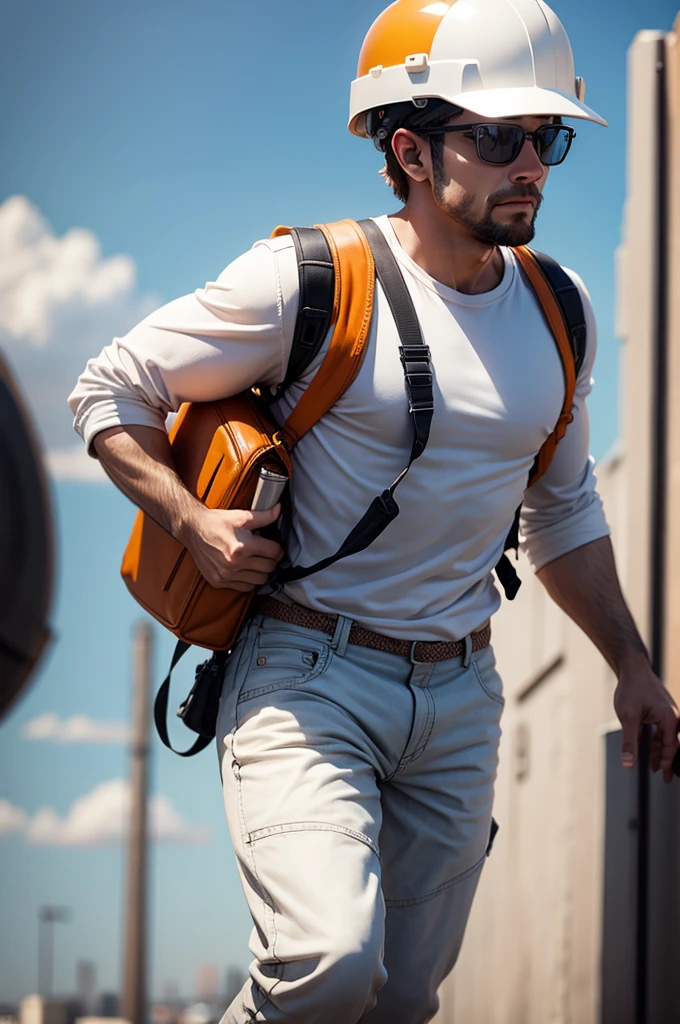 realistic 3d caricature a man, an architect by profession, wearing a white project helmet, wearing a white shirt and an orange vest