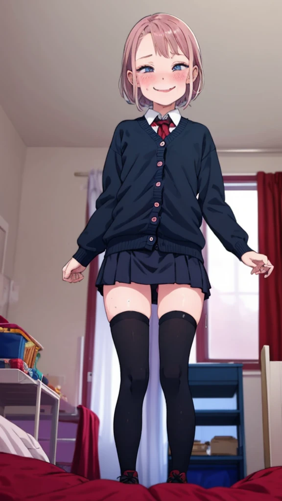 1girl,6yo,(ite),my room,,standing,uniform,cardigans,miniskirt,looking viewer,(smirk),thighhighs,shoes,blush,sweating