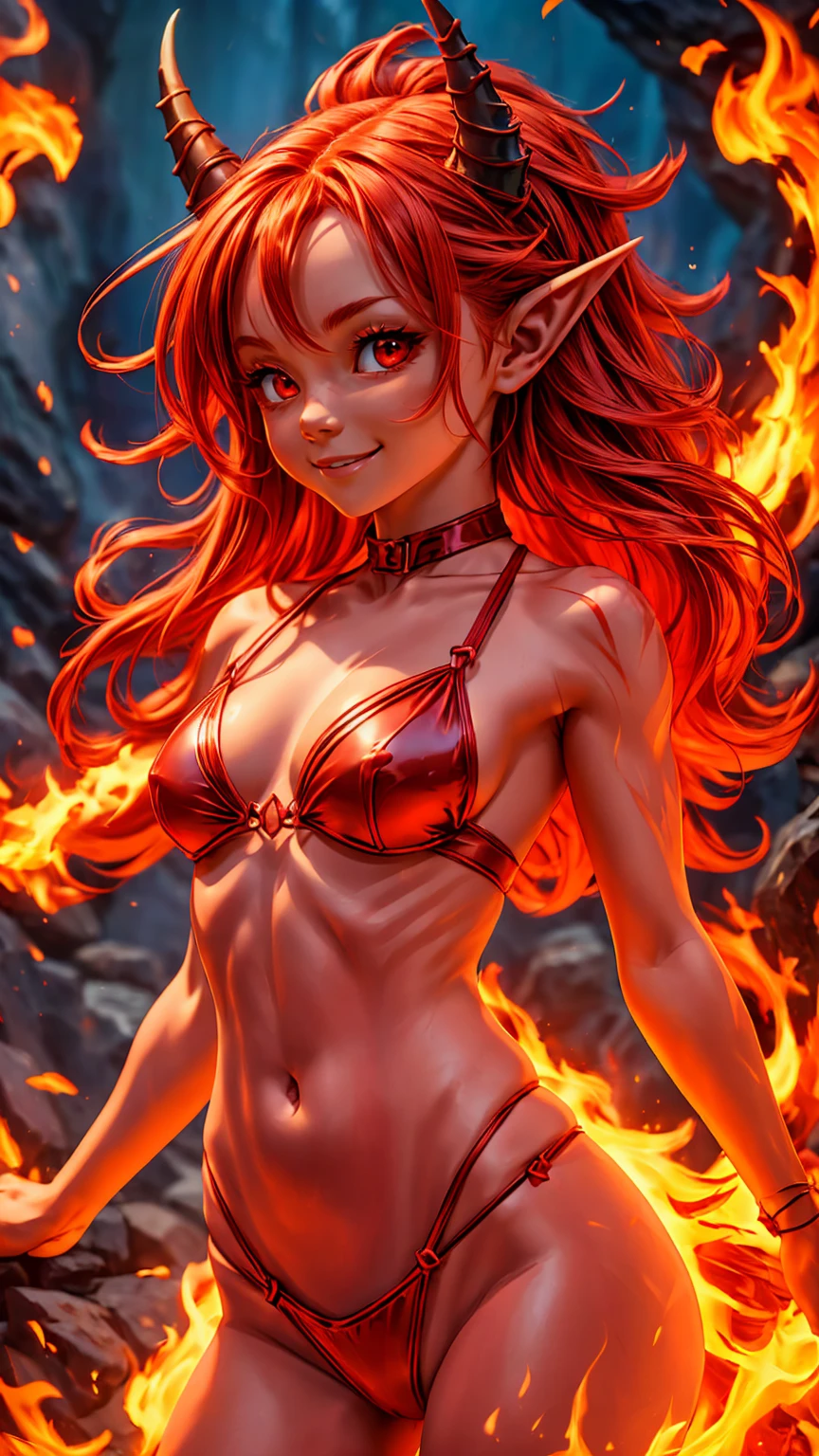 solo, 1girl, ((best quality)), ((masterpiece)), (detailed), 4k, very small red goblin girl, red skin, pointy ears, long straight red hair on fire, pleased expression, bright red eyes, wearing red and black bikini, small horns on head, sexy, cute