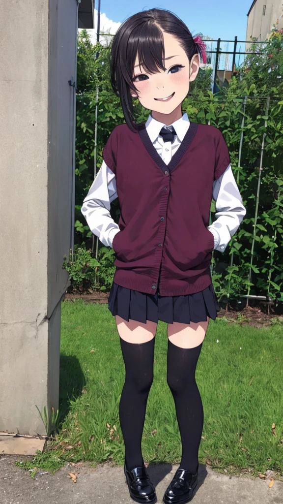 1girl,***,(petite),outdoor,uniform,cardigans,miniskirt,looking viewer,(smirk),thighhighs,shoes,(thigh)