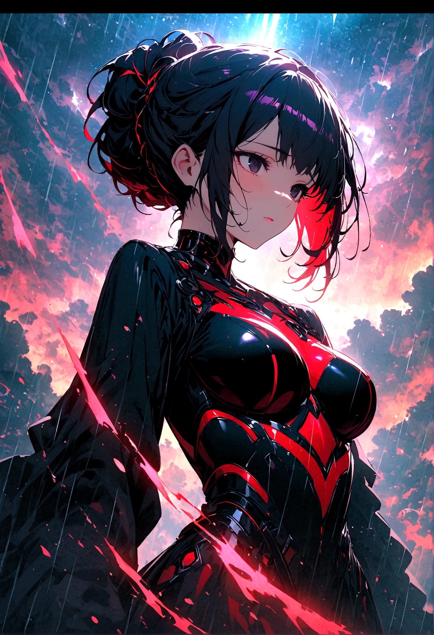 Whole body expression、1 girl、solo、black eye、Cosmic background、dark、cloud、rain、despair、Black purple main color、Red secondary color、ink、soloフォーカス、cool、accessories、Slanted Eyes、Beautiful hairstyle、beautiful、beautiful目、Shiny、Very comfortable、Final boss feeling