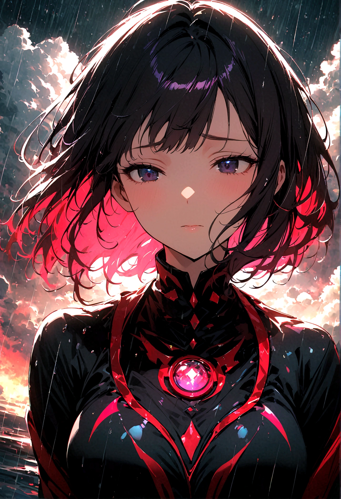 Whole body expression、1 girl、solo、black eye、Cosmic background、dark、cloud、rain、despair、Black purple main color、Red secondary color、ink、soloフォーカス、cool、accessories、Slanted Eyes、Beautiful hairstyle、beautiful、beautiful目、Shiny、Very comfortable、Final boss feeling