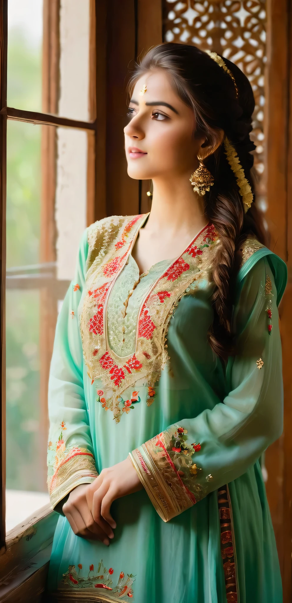 A young, beautiful girl stands near a window, bathed in soft, natural light. She wears a traditional Pakistani dress adorned with intricate embroidery, the vibrant colors contrasting elegantly with the serene backdrop. Her hair cascades gently over her shoulders as she gazes thoughtfully outside, embodying a perfect blend of grace and cultural heritage.