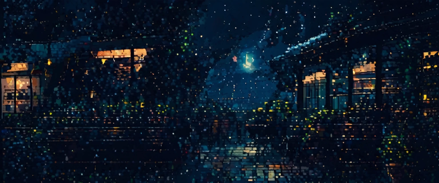 No humans, Outdoor, null, night, moon, plant, coffee shop, star (null), night null, scenery, city, sign, potted plant, Wide Shot, crescent moon, Neon Light, pixel art, pixel