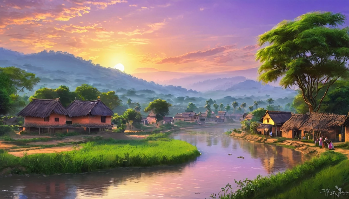 Create a digital artwork of a serene Indian village with a river running through it, under a setting sun. The scene should capture the tranquil beauty of the village, with traditional houses, lush greenery, and the river reflecting the warm hues of the sunset. The sky should be painted in shades of orange, pink, and purple, casting a gentle glow over the landscape. Include details like villagers going about their evening activities, perhaps children playing or women drawing water from the river, to enhance the peaceful and picturesque atmosphere of the village at dusk