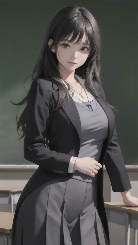 (Highly detailed CG Unity 8k wallpaper)、(masterpiece)、(Highest quality)、(Super detailed)、(Best illustrations)、(Best Shadow)、Ultra-high resolution、(Real、Photorealistic:1.2)、(Beautiful student teacher:1.4)、Dark brown long hair、(Large Breasts:1.2)、(School classroom:1.4)、(Black suit skirt:1.4)、(Cute Necklace:1.2)、Puffy eyes、(Stand at the podium with the blackboard behind you:1.2)、(Close-up)、High contrast light、Upper Body