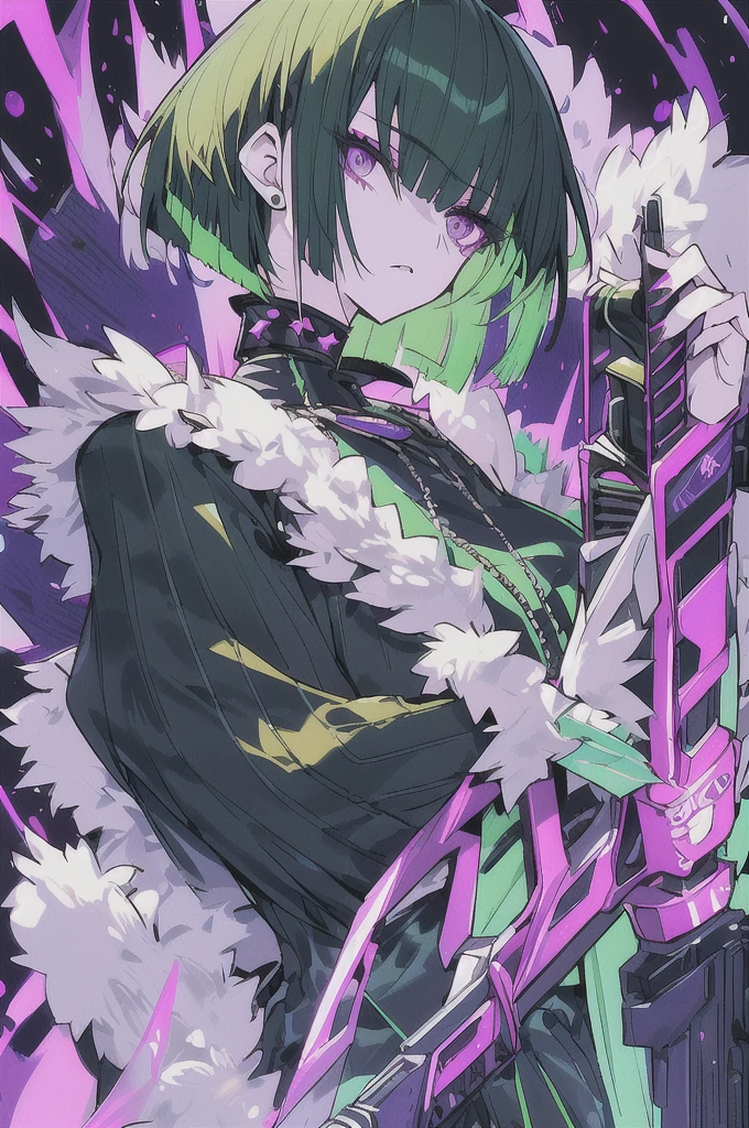 detailed、Slit eyes、Beautiful eyelashes、Purple Eyes、short hair、Green Hair、Upper Body、8K.gun、girl、cyber-clothes、Brave face、Vibrant colors、Strong color scheme、Background Black、Fluffy short bob、No cut-off、Vivid Color