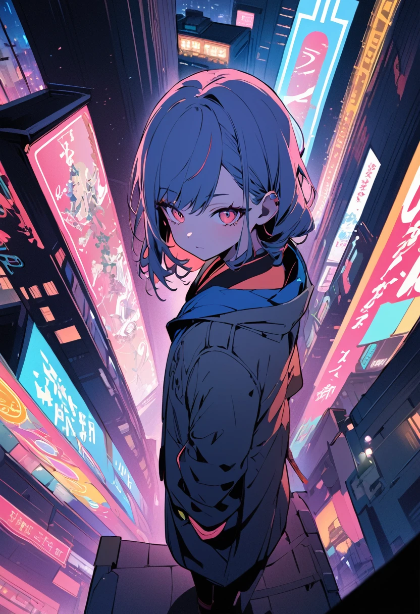 flat color,(Ultra high-resolution masterpiece, best quality, ultra-detailed representation) – A captivating portrait of a Japanese , portrayed with breathtaking intricacy. (A tween in sensational fashion) , A girl looking at the city from the top of a tall building on a night after a storm. The neon lights of the house next door flicker like haze.tokyo,The depth of field adds a charming blur to the bustling background, while the full-body composition perfectly captures the adorable, determined expression on her face. The detail in her delicate features, coupled with the musical instrument, creates a unique fusion of cultures that is both enchanting and thought-provoking, meriting the title of a true masterpiece.