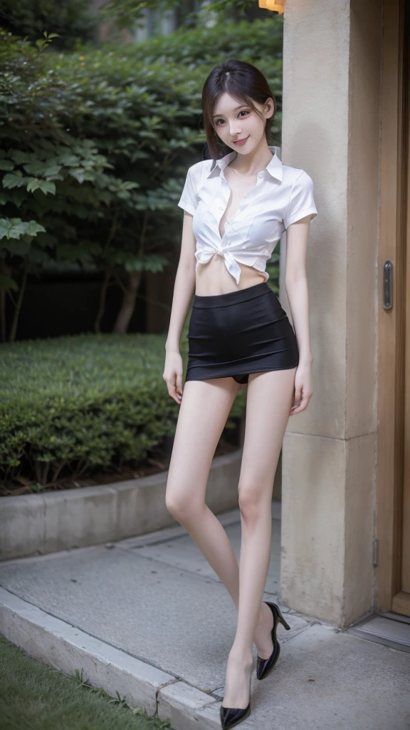 RAW, masterpiece, best quality, extremely detailed, 8k, HDR, photorealistic, intricate, A skinny Asian girl, she has an extremely-thin body, narrow and small hips, wearing a short sleeve shirt and black extremely-short microskirt, standing, smile, outdoors 