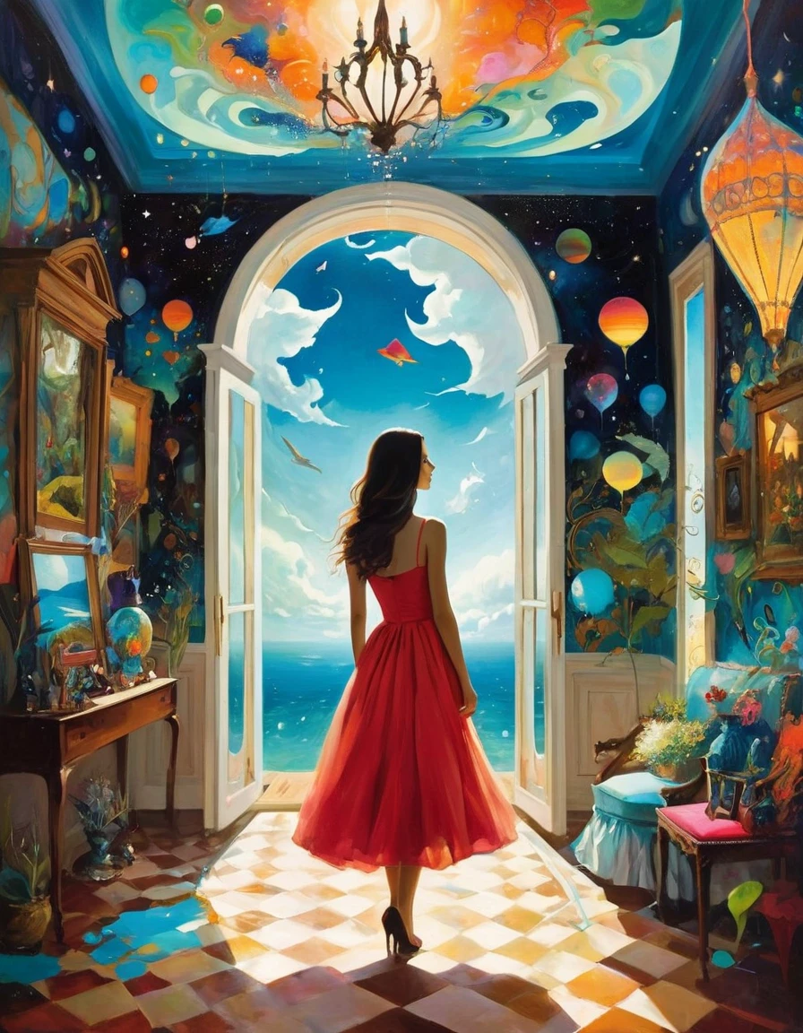 Tony Sandoval (Tony Sandoval) Style of vibrant surrealism, A beautiful girl,In a huge house, Creates a fascinating dream.