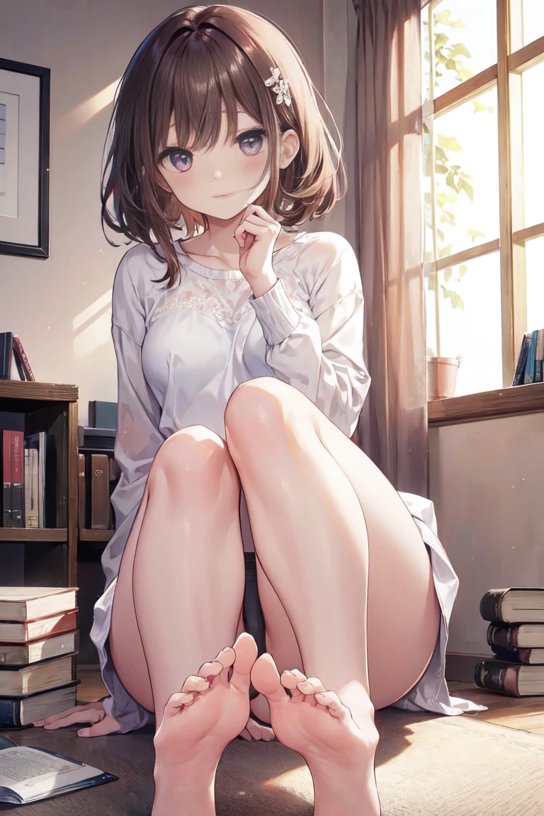 How to sit a girl,Depth of written border, Delicate eyes, 完全なhand, 余分なhandfeetなし,Small breasts,Underwear is visible,refer5Book,hand2Book,feet2Book,Distinctive nose bridge,Natural posture,Fine skin、Smooth、Perfect beauty、In underwear、すらりとしたfeet、thin,Hitagi Senjogahara,Brown Hair,