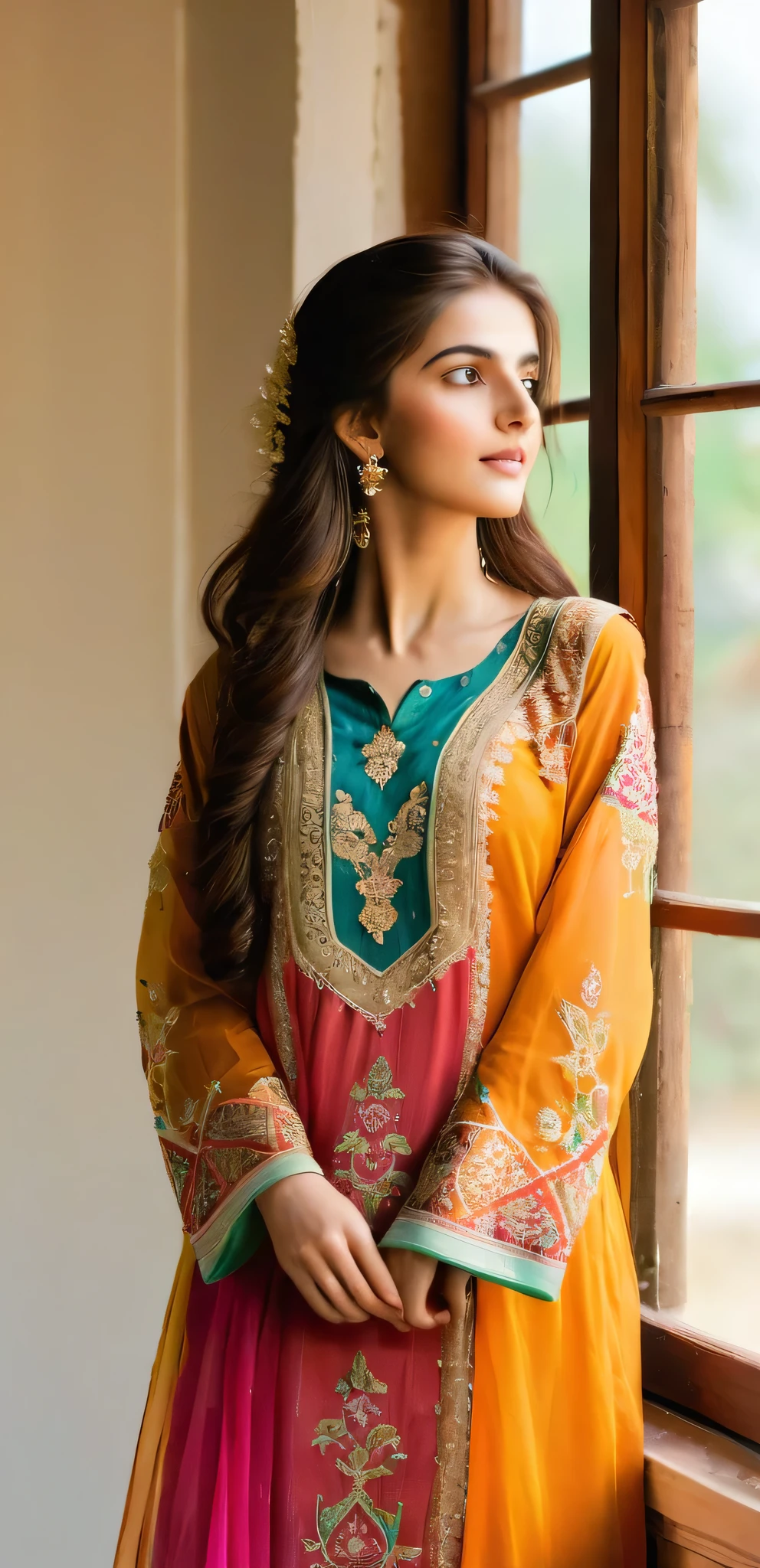 A young, beautiful girl stands near a window, bathed in soft, natural light. She wears a traditional Pakistani dress adorned with intricate embroidery, the vibrant colors contrasting elegantly with the serene backdrop. Her hair cascades gently over her shoulders as she gazes thoughtfully outside, embodying a perfect blend of grace and cultural heritage.