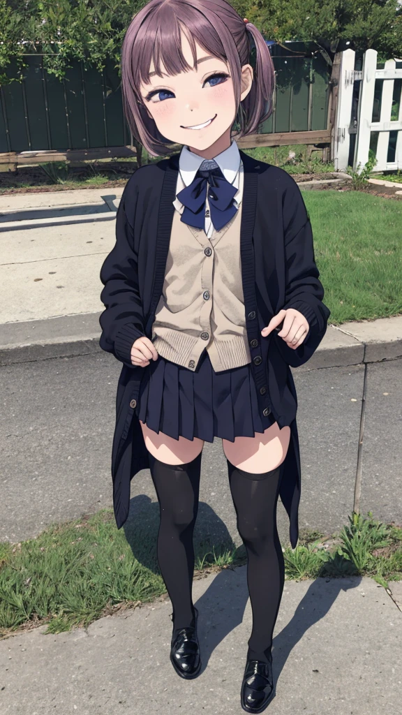 1girl,,(petite),outdoor,uniform,cardigans,miniskirt,looking viewer,(smirk),thighhighs,shoes
