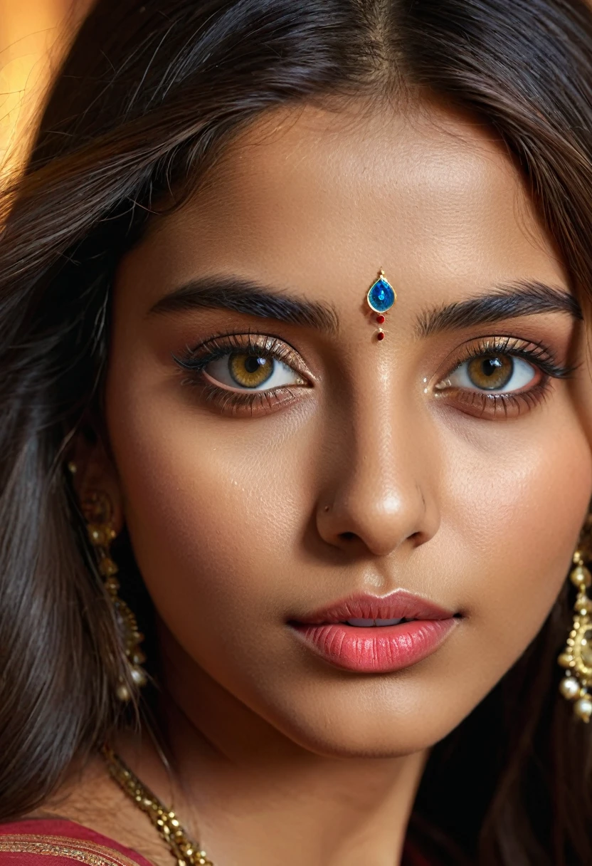 1girl, detailed Indian facial features, beautiful detailed eyes, beautiful detailed lips, extremely detailed eyes and face, long hair, carefully styled hair, looking straight at camera, closeup portrait, photorealistic, photo-realistic:1.37, best quality,  ultra-detailed, realistic, vivid colors, studio lighting, professional