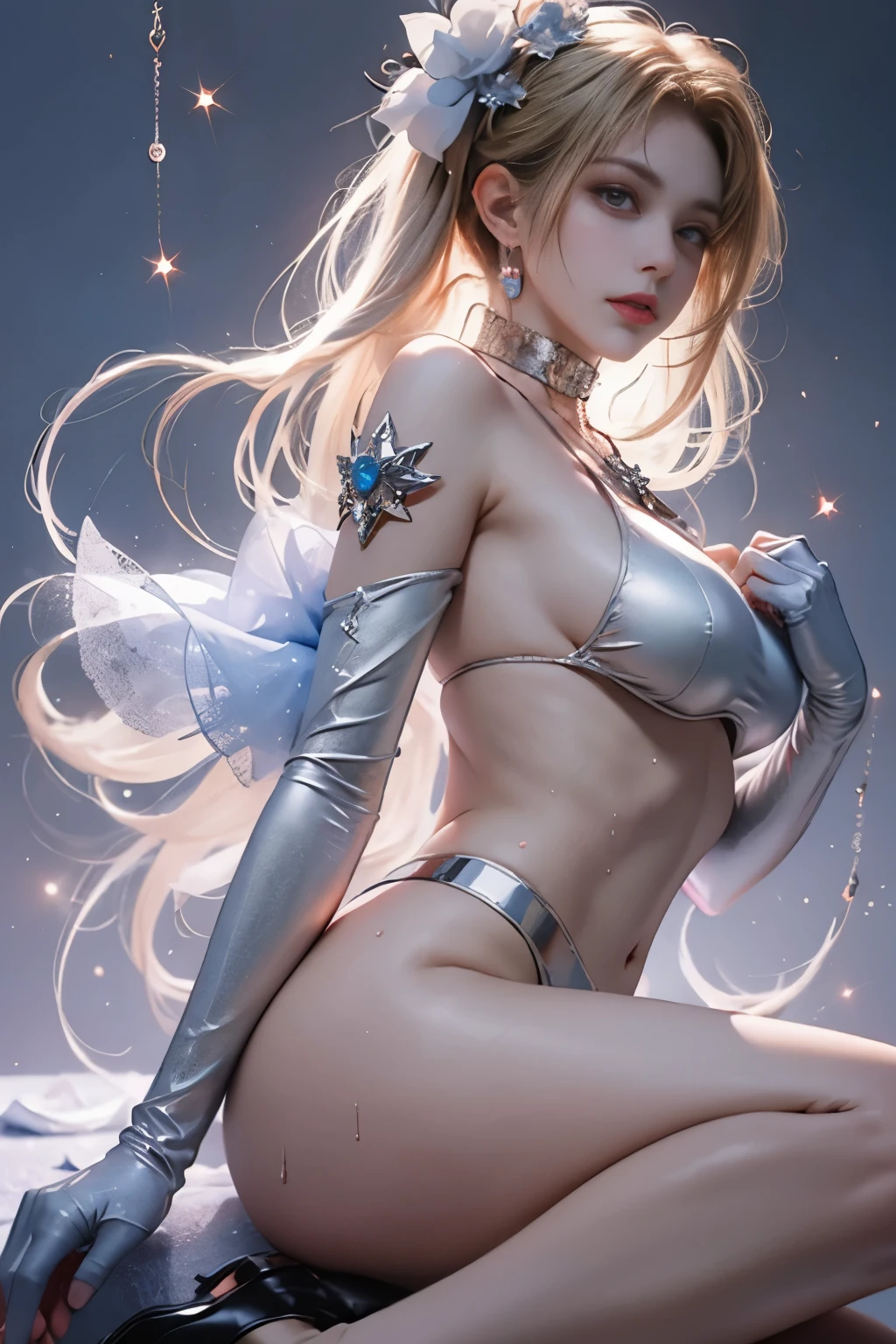 （8k extremely detaileded CG unit wallpaper），（Highest quality），（Best illustrations），（Best Shadow）， （detailed： 1.4）， 。.。.。.。.。.。.。.3d， んdebtdebt（High Dynamic Range）， Light Tracing， NVIDIA， Super Resolution， Scattered beneath the surface， PBR Textures， Post-processing， Anisotropy debtiltering， Depth of written boundary， Maximum sharpness and acutance， Multilayer Texture， Albedo and Specular Maps， Surface Shading， Accurate simulation of light-matter interactions， Perfect balance， Octane Rendering， Two-tone lighting， wide aperture ， Low ISO，White balance，Rule of Thirds，8K RAW，intricate-detailed， Delicate pattern， Deep Shadow， masterpiece， real， Roughness， Surreal， Photographed with Canon EOS R5， 50mm lens， debt/2.8， Sharp debtocus， Smoothing， Roughness， Real Life， Photorealistic， Cinematography， 8K Ultra HD，In the flower field，Blue debtlower Girl，1 Girl，solo，Europe，Beautiful Bride，Light Smile，Highly detaileded blonde hair，Mature Woman，Sky Blue Gossamer Veil，Sky blue light cloak，Sky blue gossamer coat，Sky blue thin skirt，Sky blue lace underwear，Sky Blue Lace，Sky Blue Gossamer Gloves，choker，Earrings，gem，Small items，Headdress，Hand decoration，Leg decoration，High heels，Huge breasts，Large Breasts，Big Breasts，Burst chest，Big Breasts，Ample breasts，Expose your breasts，Exposed breasts，Tight waist，Naked butt，Big butt，Bare Belly，Belly button，Wet，Wet body，Sweaty body，Shiny skin，
