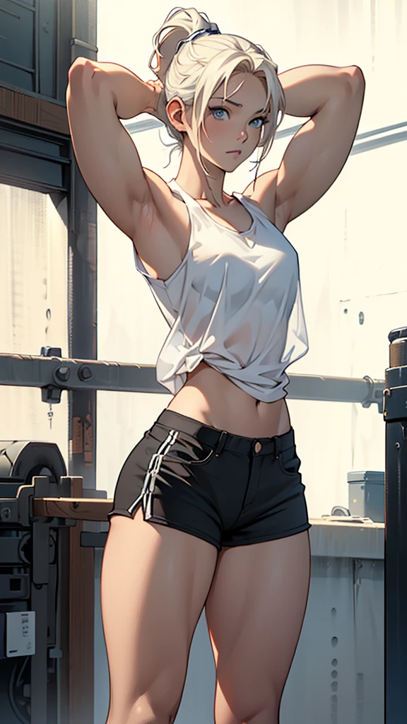 hand drawn art, Conceptual Art, Detailed sketch, Sketches, Manga art style, A young woman with French features, White tank top, White shorts, Open Fly、Long, thick, dark golden hair styled in a ponytail, blue eyes, Lean, strong, toned muscles, Standing in a lewd, sensual pose with arms behind her head、Short torso、A triumphant look、(((着古したボロボロのWhite shorts))),、(((White shortsを穴だらけにする))),、See-through、(((White shortsのチャックを開く))),、(((Clear white skin))),、Natural light、Photorealistic perfect body, Perfect body with realistic shadows, Perfect face with realistic shadows、Highest quality、masterpiece、Edgy Lines、Ultra-high resolution、Physical Beauty、Wide Hips、Big Ass、((Thick and strong muscular thighs))、（(Stand with your legs spread wide)）Realistic and large breasts、(The depth of the written boundary, f/1.2:1.45),Great quality, Beautiful details, Very detailed, Ultra-fine, 16K, Exquisite, Absurd,((masterpiece)),(((Highest quality))),Big Breasts、(((White shortsだけもっとボロボロにする))),、(((White shortsだけボロ布のように破く)))、(((Thin and long arms))),Anatomically correct、、triumphant expression、