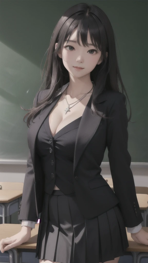 (Highly detailed CG Unity 8k wallpaper)、(masterpiece)、(Highest quality)、(Super detailed)、(Best illustrations)、(Best Shadow)、Ultra-high resolution、(Real、Photorealistic:1.2)、(Beautiful student teacher:1.4)、Dark brown long hair、(Large Breasts:1.2)、(School classroom:1.4)、(Black suit skirt:1.4)、(Cute Necklace:1.2)、Puffy eyes、(Stand at the podium with the blackboard behind you:1.2)、(Close-up)、High contrast light、Upper Body
