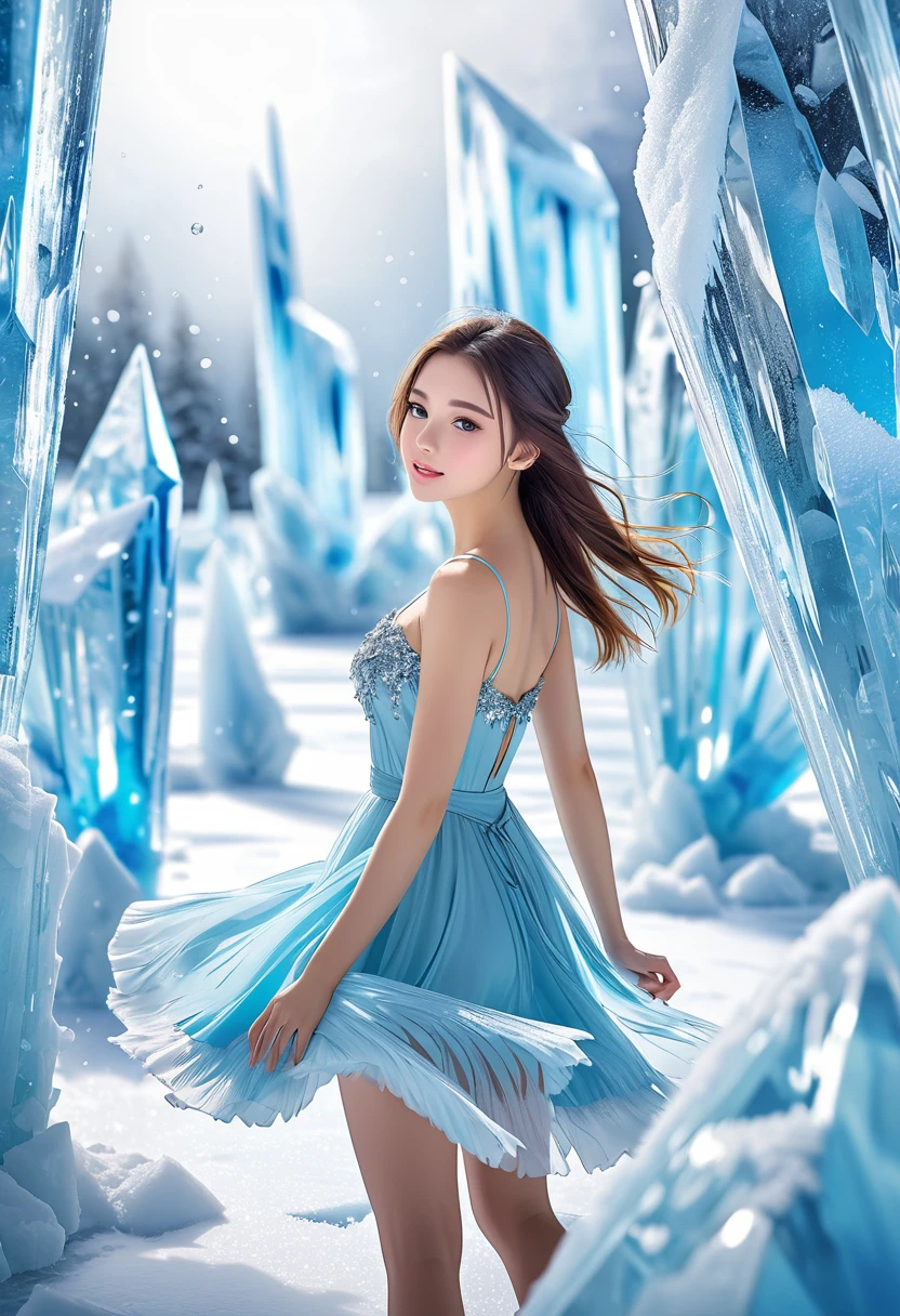 beautiful, young woman, Crystal and ice area, Fluttering ice, it&#39;s snowing,  Striped Hair, Silver Hair, Sky blue hair, Long Hair, blue eyes, Eye Reflexes, Contempt, Ray Tracing, reflected light, Blurred, Shining Light, Shallow depth of field, Chiaroscuro, Stereogram, Zoom Layer, ~ side, Bokeh, masterpiece, 最high quality, high quality, High resolution