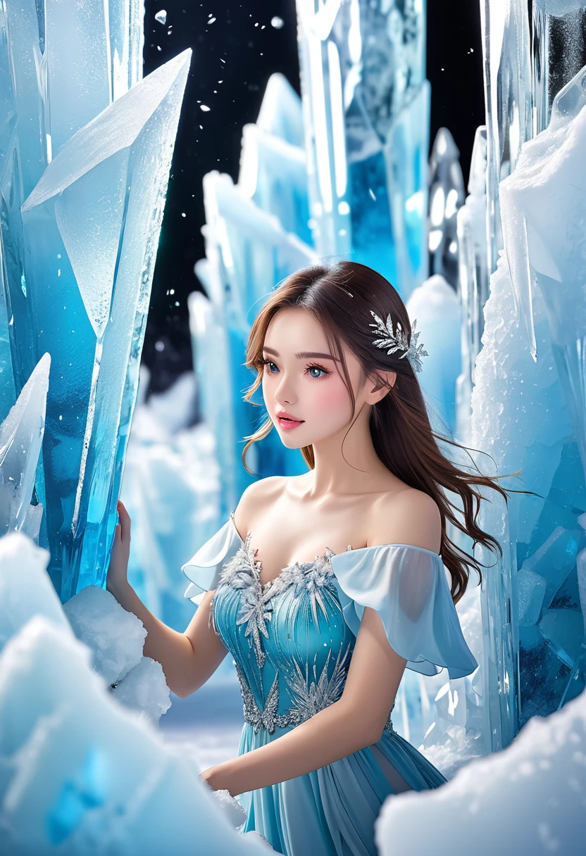 beautiful, young woman, Crystal and ice area, Fluttering ice, it&#39;s snowing,  Striped Hair, Silver Hair, Sky blue hair, Long Hair, blue eyes, Eye Reflexes, Contempt, Ray Tracing, reflected light, Blurred, Shining Light, Shallow depth of field, Chiaroscuro, Stereogram, Zoom Layer, ~ side, Bokeh, masterpiece, 最high quality, high quality, High resolution