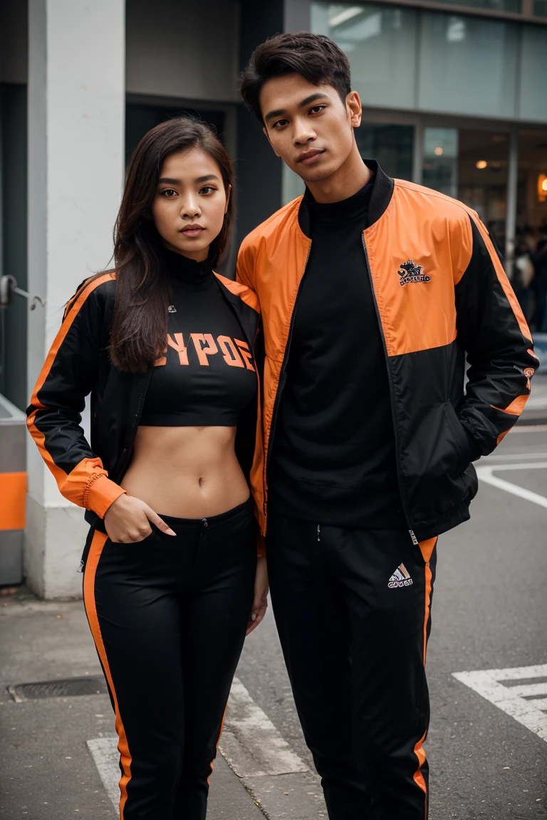 Malay girl and man, Olympic wear set, smart orange and black Olympic wear , super cool designs outfit , long pants , jacket , aesthetic outfits design , black line design on orange color shirt and black color pants