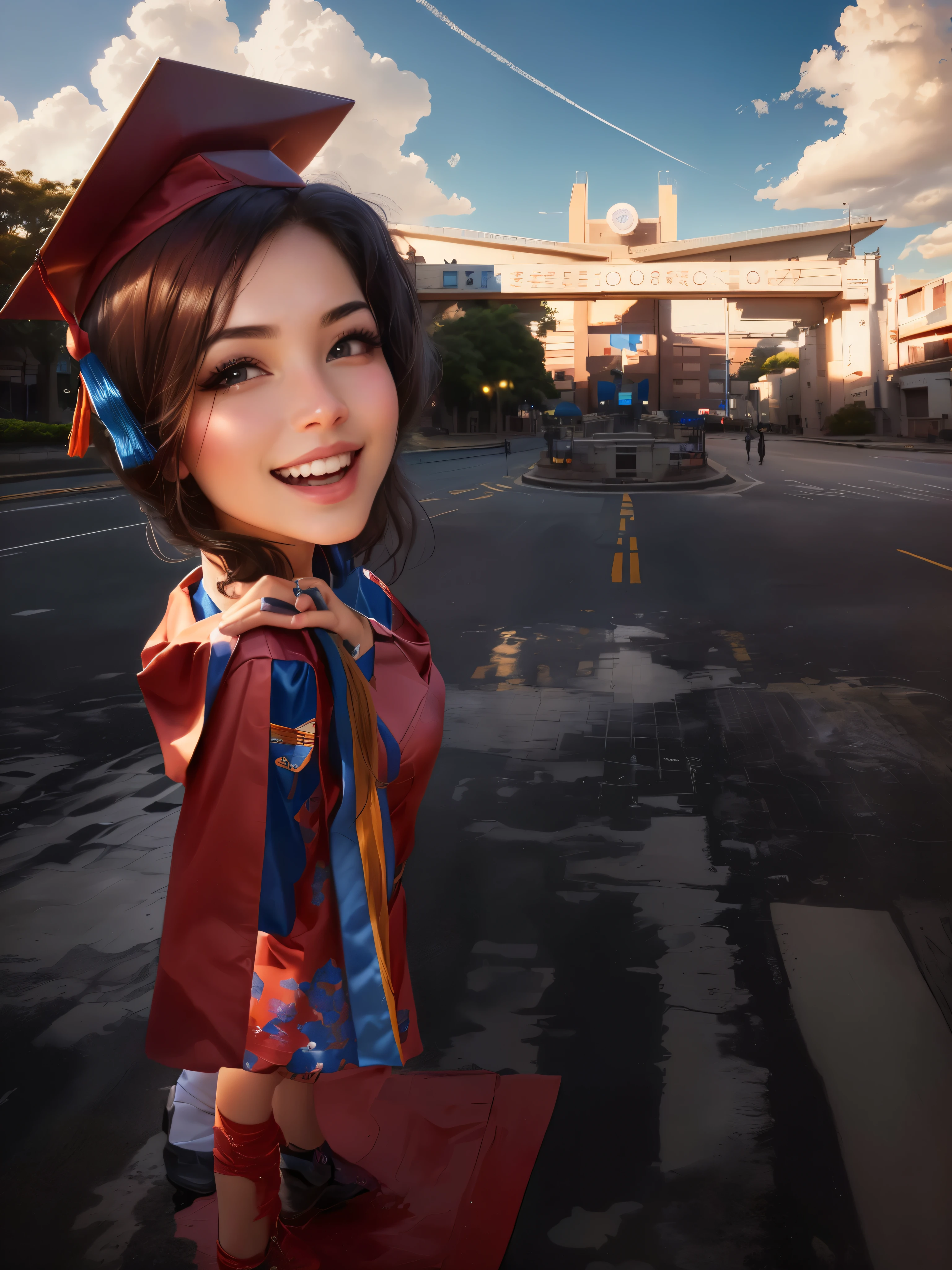 arafed woman in graduation gown and cap with a graduation cap on her head, Beautiful sky and clouds, chibi, graduation photo, profesional photo, post graduate, wearing an academic gown, potrait, profesional photography, student, photoshot, by Abidin Dino, full protrait, in cartoon style, realism artstyle, protrait, photography photorealistic, professional foto