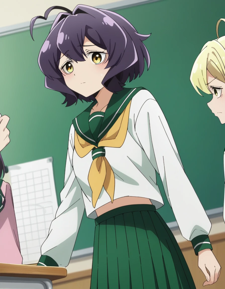 score_9, score_8_superior, score_7_superior, sauce_anime,
Utahi Hiragi, Utena Hiiragi, short hair, Yellow Eyes, Purple Hair, Ahoge, Hair Intake,
skirt, shirt, Long sleeve, , white shirt, pleated skirt, Seraphim, Sailor collar, neckerchief, green skirt, green Sailor collar,
indoor, classroom, I had already finished,
View your viewers, Dutch Angle, Cowboy Shot