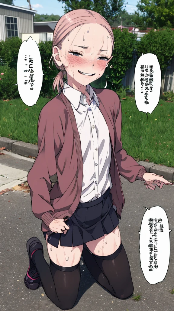 1girl,6,(pee),outdoor,uniform,cardigans,miniskirt,looking viewer,(smirk),thighhighs,shoes,sexy,blush,(((Sweating)))
