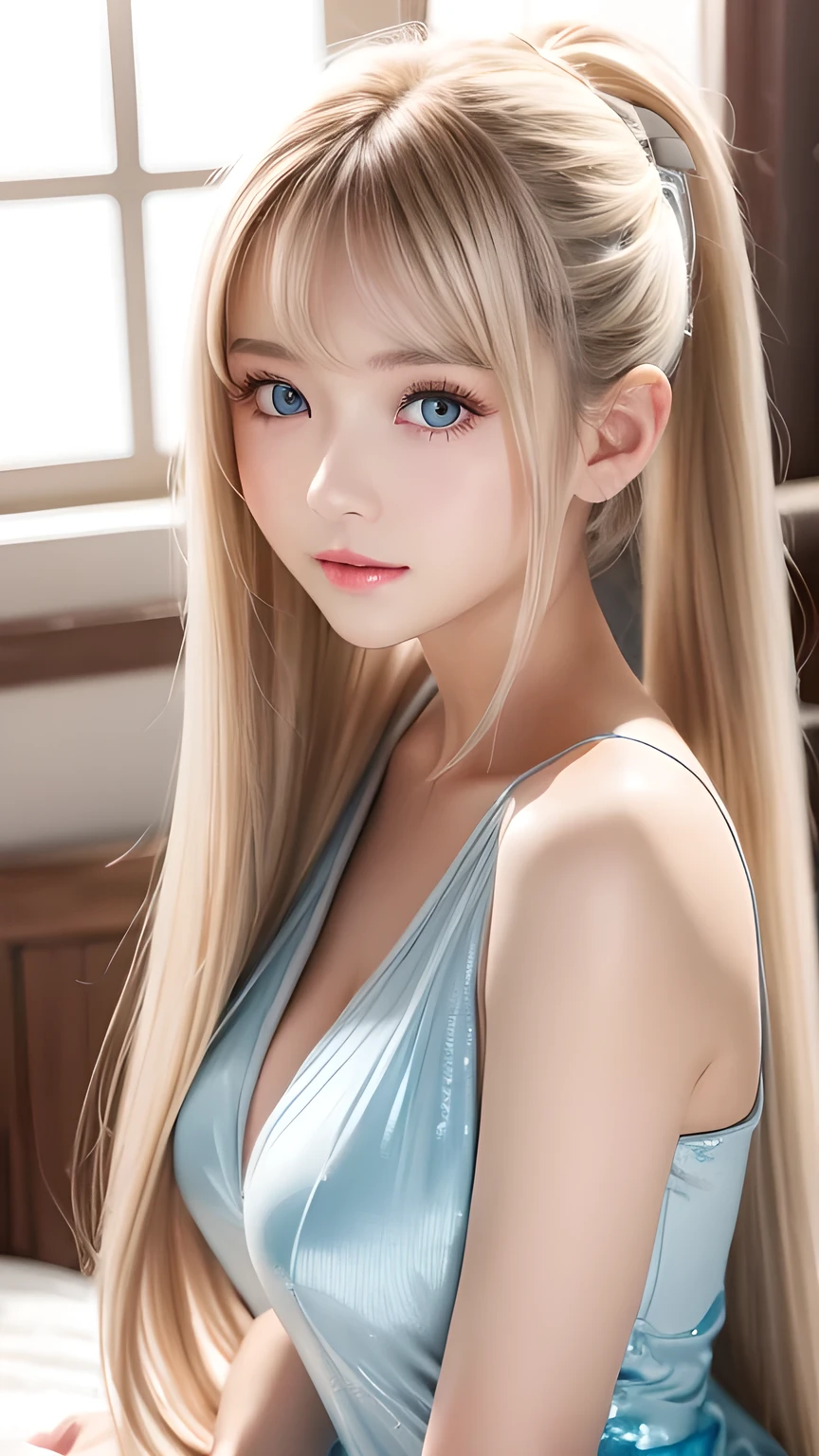 Portrait、、Bright expression、ponytail、Young, lustrous, glowing, white skin、Cheek highlight、The best beauty、Clear, silky blonde hair with dazzling highlights、Shiny bright hair,、Super long silky straight hair、Shiny beautiful bangs、Big bright blue eyes like sparkling jewels、Very beautiful lovely cute 16 year old girl、Ample Bust