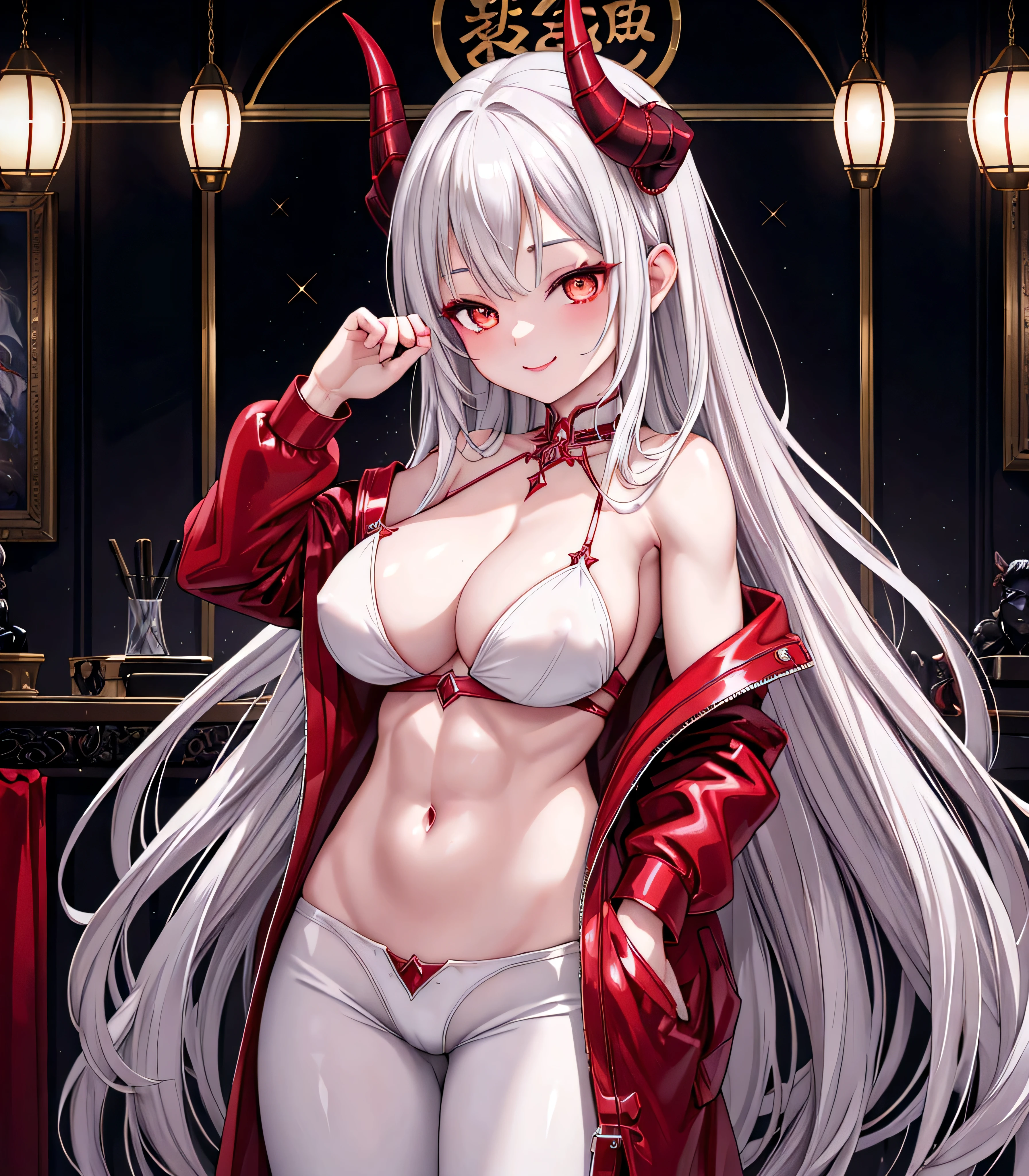 8K、Gorgeous White shirt,A bewitching succubus wearing a red and silver jacket.,so beautiful(Like the real thing)、gorgeous red and black pants,Women of Araphedo、Beautiful wavy silver hair、big breasts、5d cgi anime Fantasy artwork、Fan Art Mayo Art Station、Digital fantasy art)、Big blow Loss Draw、Spectacular fantasy art style、Beautiful Succubus、charm、Beautiful fangs、Looking at the audience、Captivating Gaze、masterpiece,masterpiece,Photorealistic RAW photos of the highest quality。Bright colors,Rich colors, Backlight, Cinema Lighting, Film Grain, 50MM lens, Nikon D850,Realistic Skin,Fantasy art,Character Art,Ultra-high resolution,Realistic scale skins,Goddess of Evil,Horns of the Evil God,A muscular and slender macho man,Golden Eyes(Golden Glitter Effect),My abdominal muscles are severely torn(超Realistic Skin),smile,White shirt,Red and silver jacket,Sandy Beach,